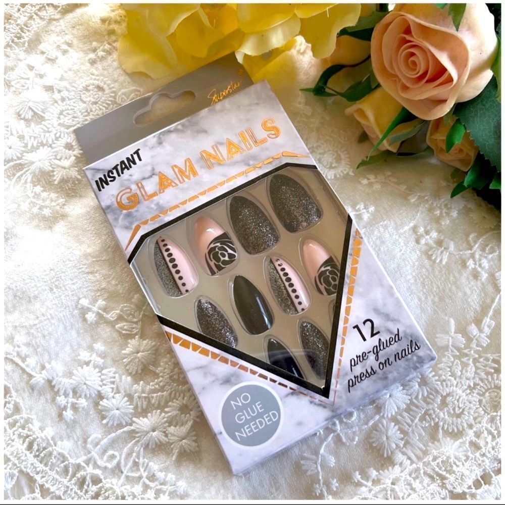 Instant Glam Nails 12 pc set Gray Pink Abstract Glitter